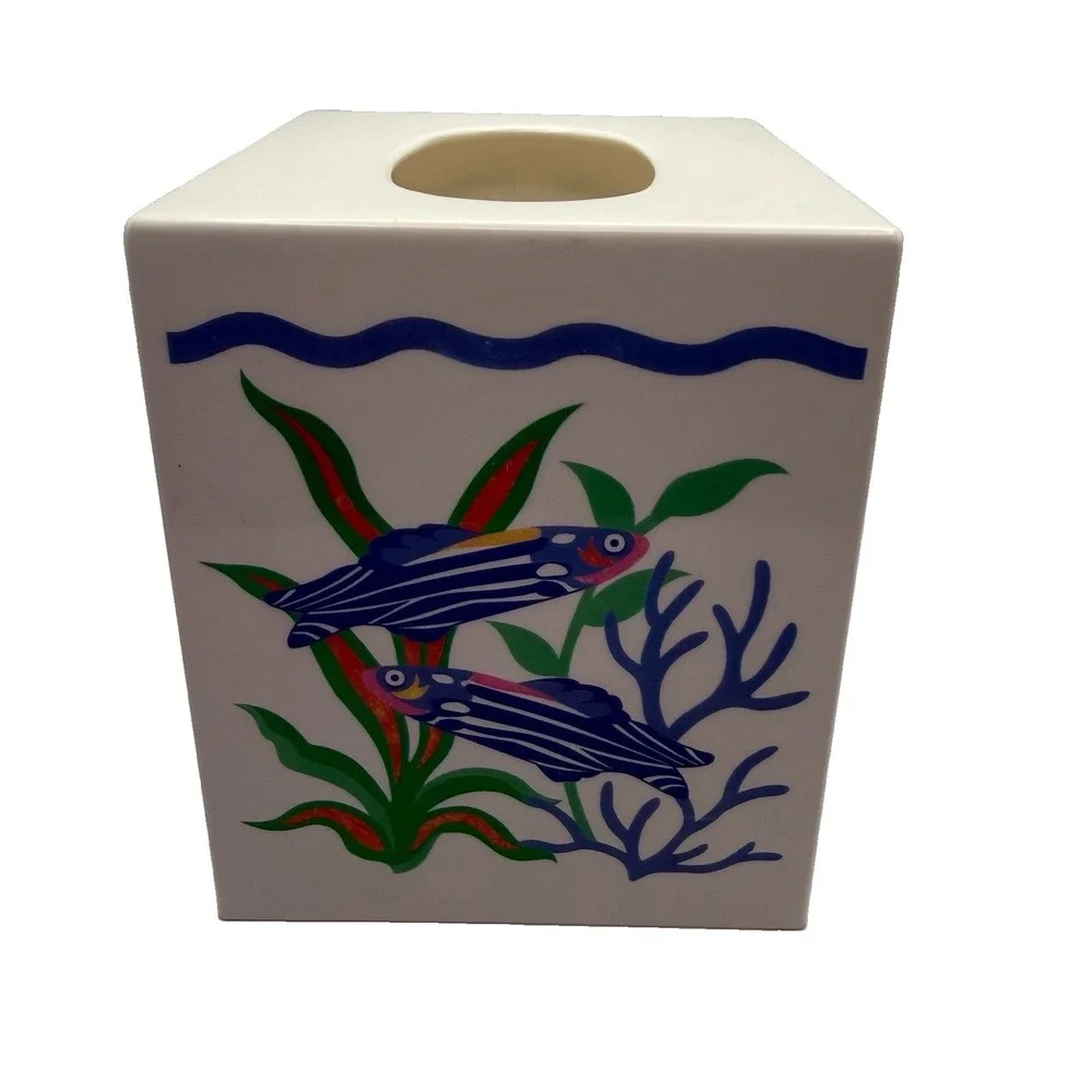 Vintage 90's White Plastic Tissue Box Cover Fish Tropical Angelfish Coral Reef